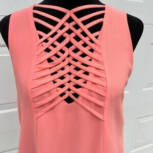 NAKED ZEBRA, criss cross strap tank top, coral sheer with lining. Women's size M
